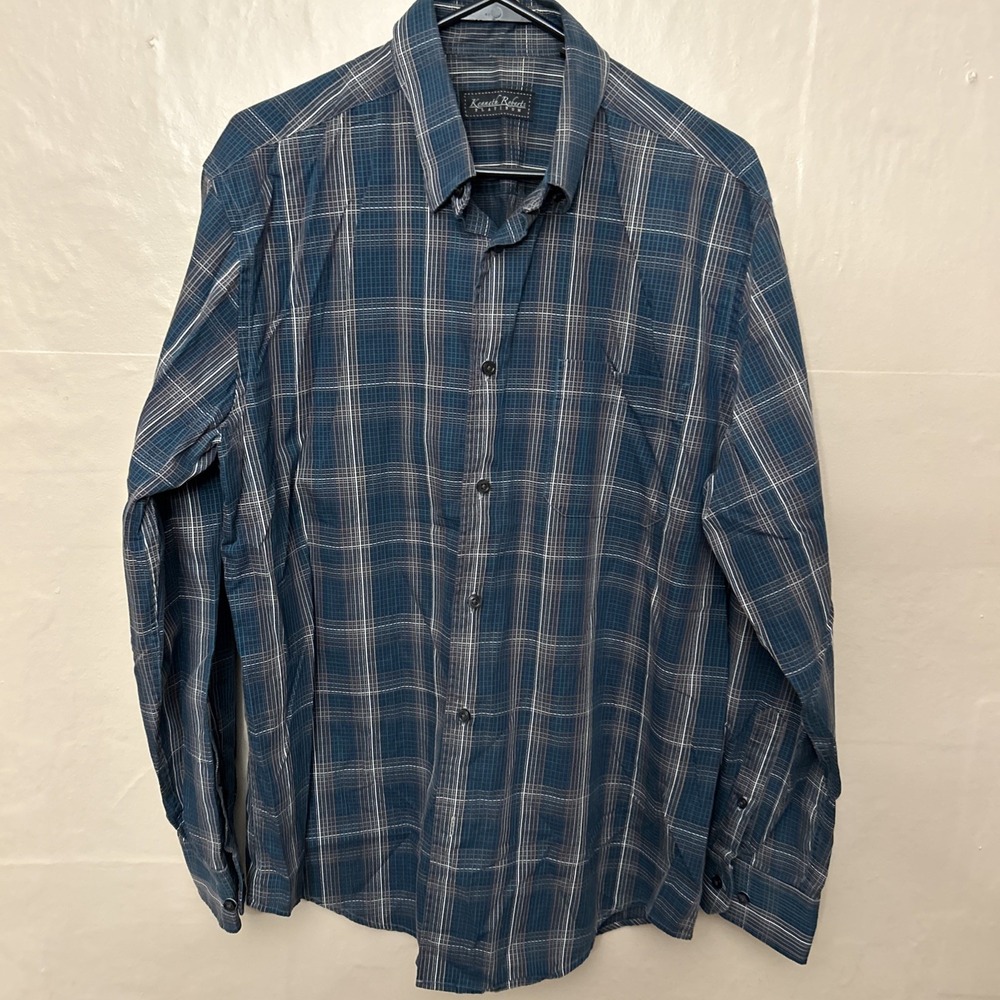 kenneth roberts platinum Men's Large Teal Plaid Dress Shirt‎